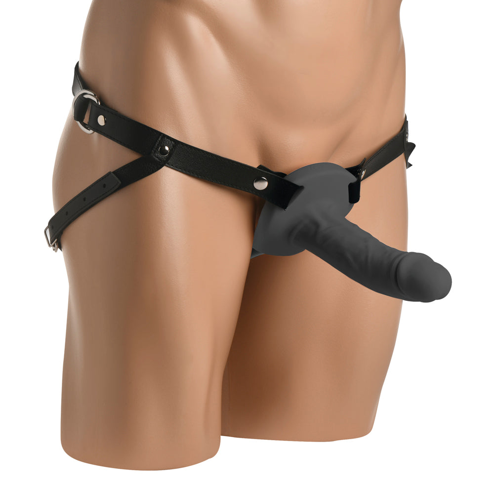 Realistic silicone penis sheath with an adjustable black harness.