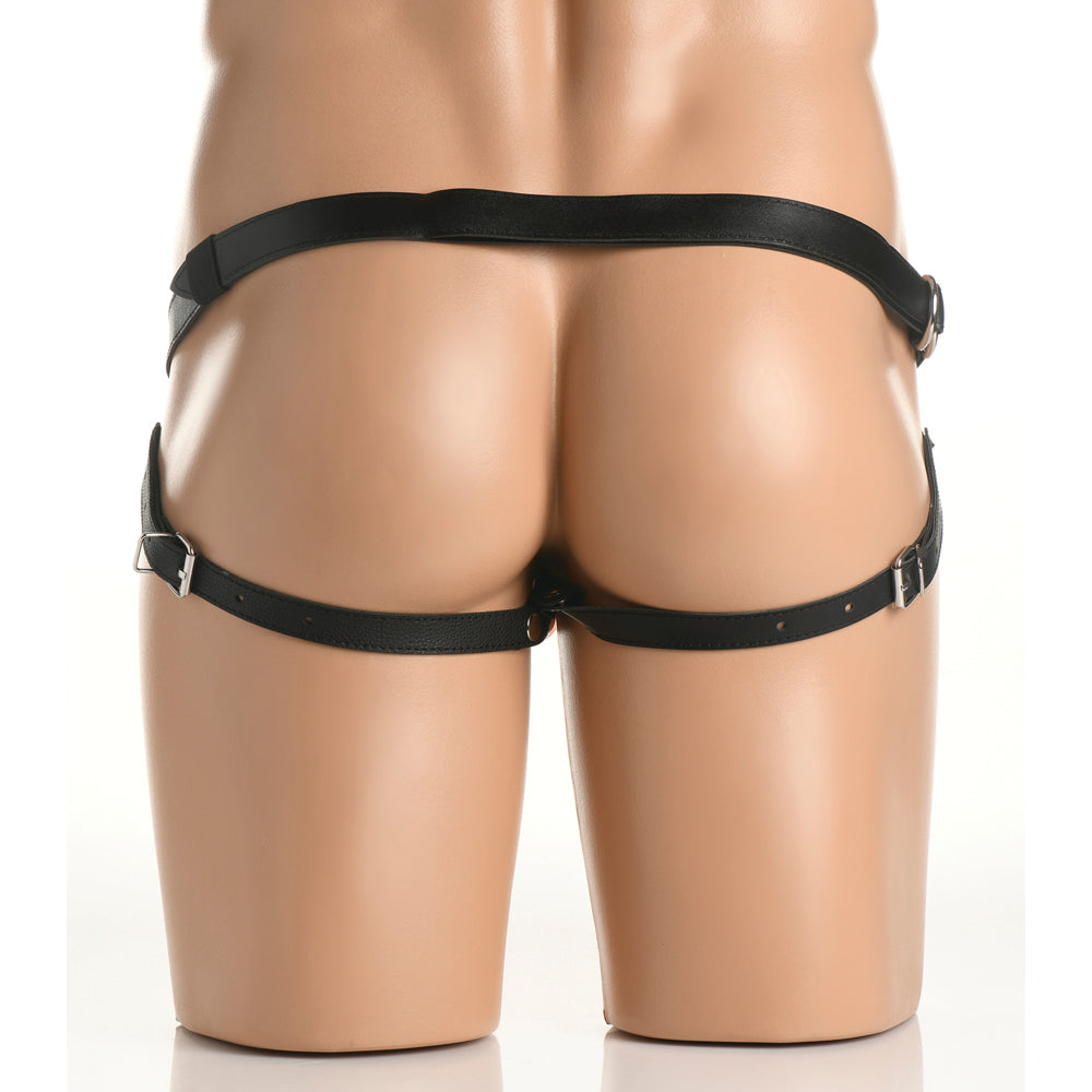Black leather harness with adjustable straps and buckles.