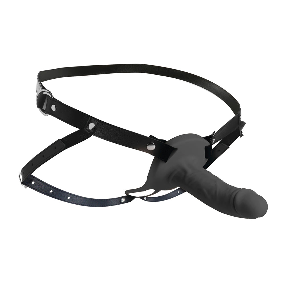 Black leather harness with a grey silicone penis sheath.