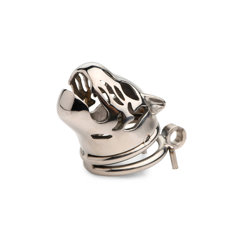 Silver metal chastity cage with a cougar head design and locking mechanism.