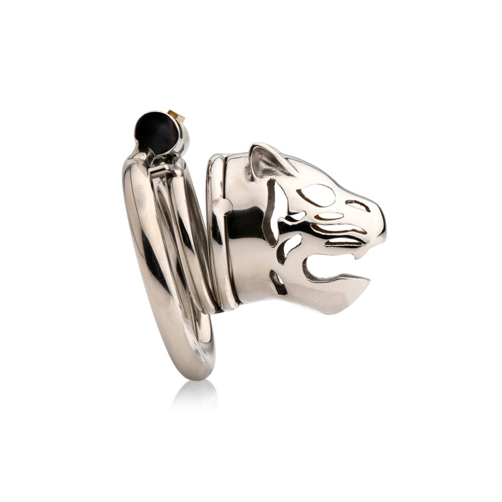 Locking chastity cage with a caged cougar design.