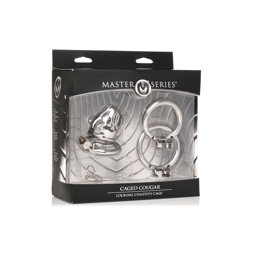 A silver chastity cage with two rings and a lock, packaged in a box labeled "Caged Cougar Locking Chastity Cage".