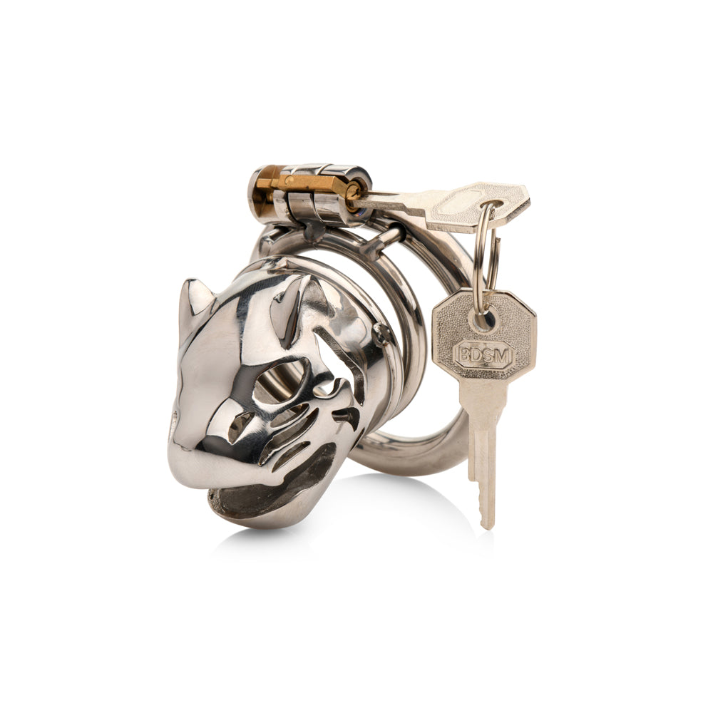 Locking chastity cage with a caged cougar design and keys.