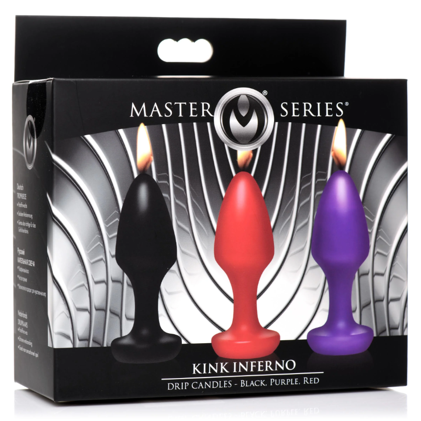 Kink Inferno drip candles in black, red, and purple butt plug shapes.