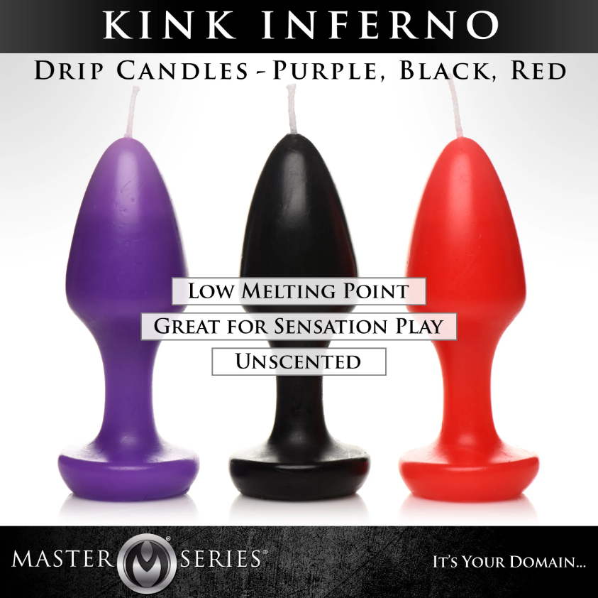 Three drip candles in purple, black, and red, shaped like butt plugs.