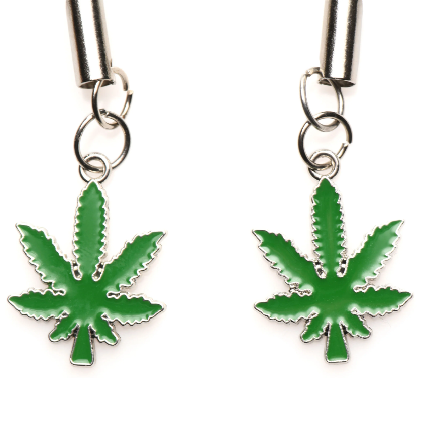 Two green marijuana leaf charms hang from silver clasps.