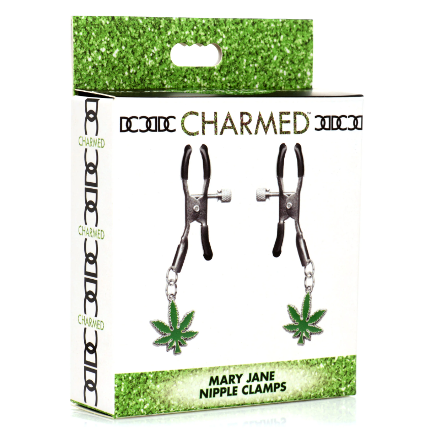 Mary Jane nipple clamps with adjustable screws and leaf charms.