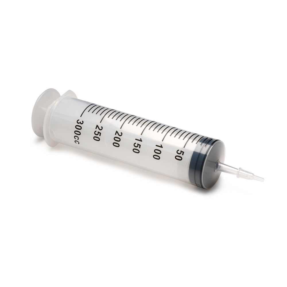 A clear 300ml syringe with measurement markings and a silicone tube.