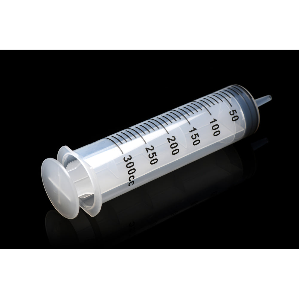 A 300ml clear plastic syringe with measurement markings and a grey plunger.