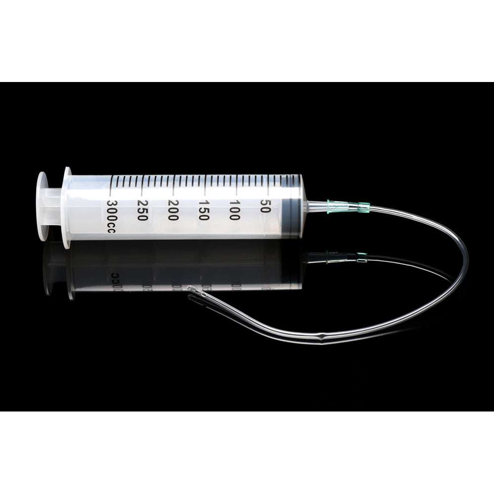 A 300ml syringe with clear markings and a flexible silicone tube.