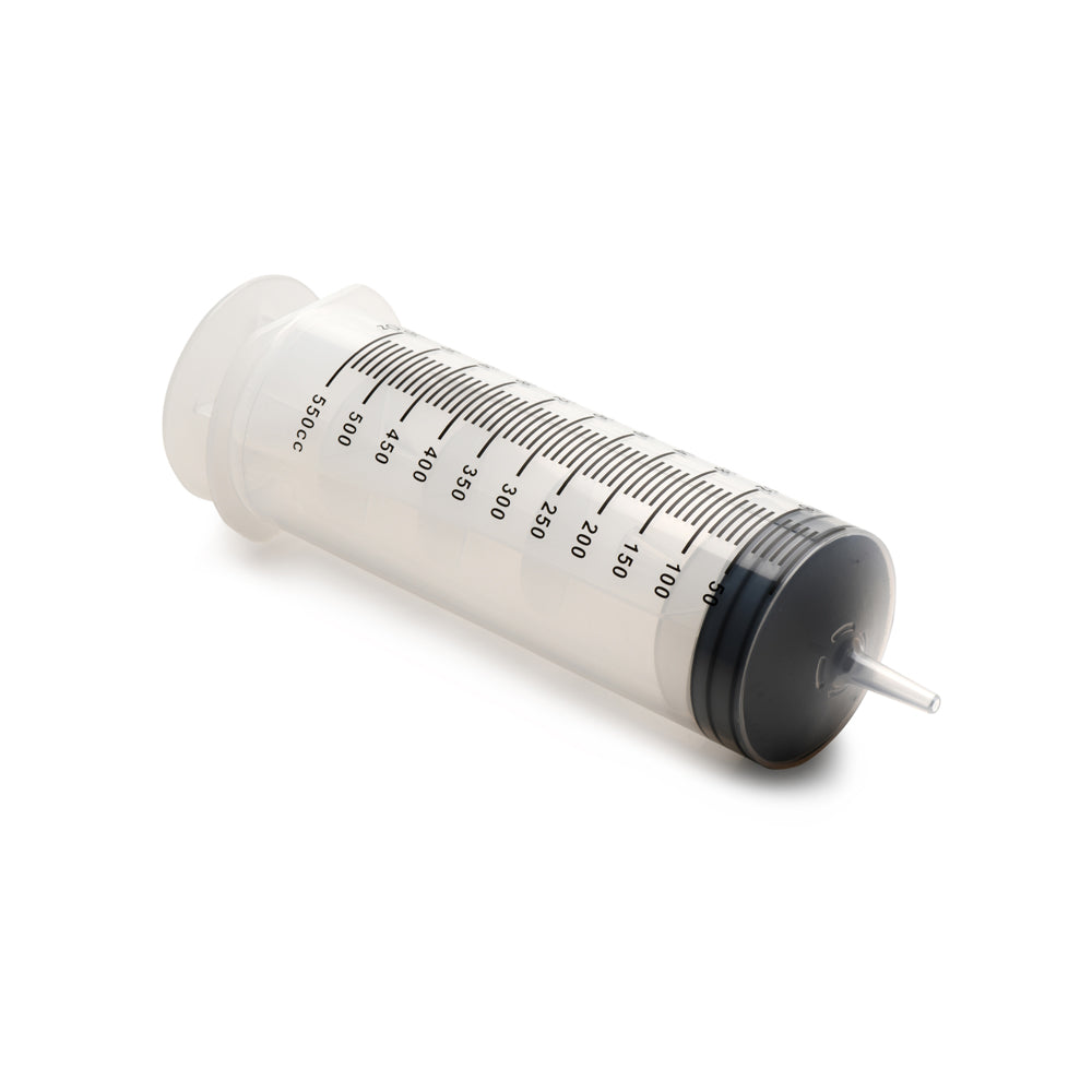 A clear 550ml syringe with measurement markings and a black tip.