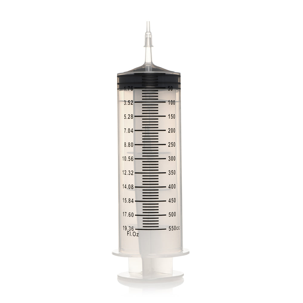 A clear 550ml syringe with measurement markings and a silicone tube.