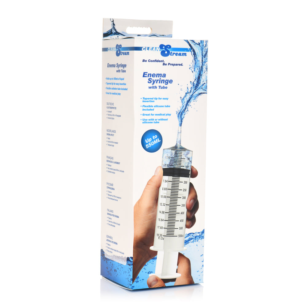 A 550ml CleanStream enema syringe with a silicone tube and clear measurement markings.
