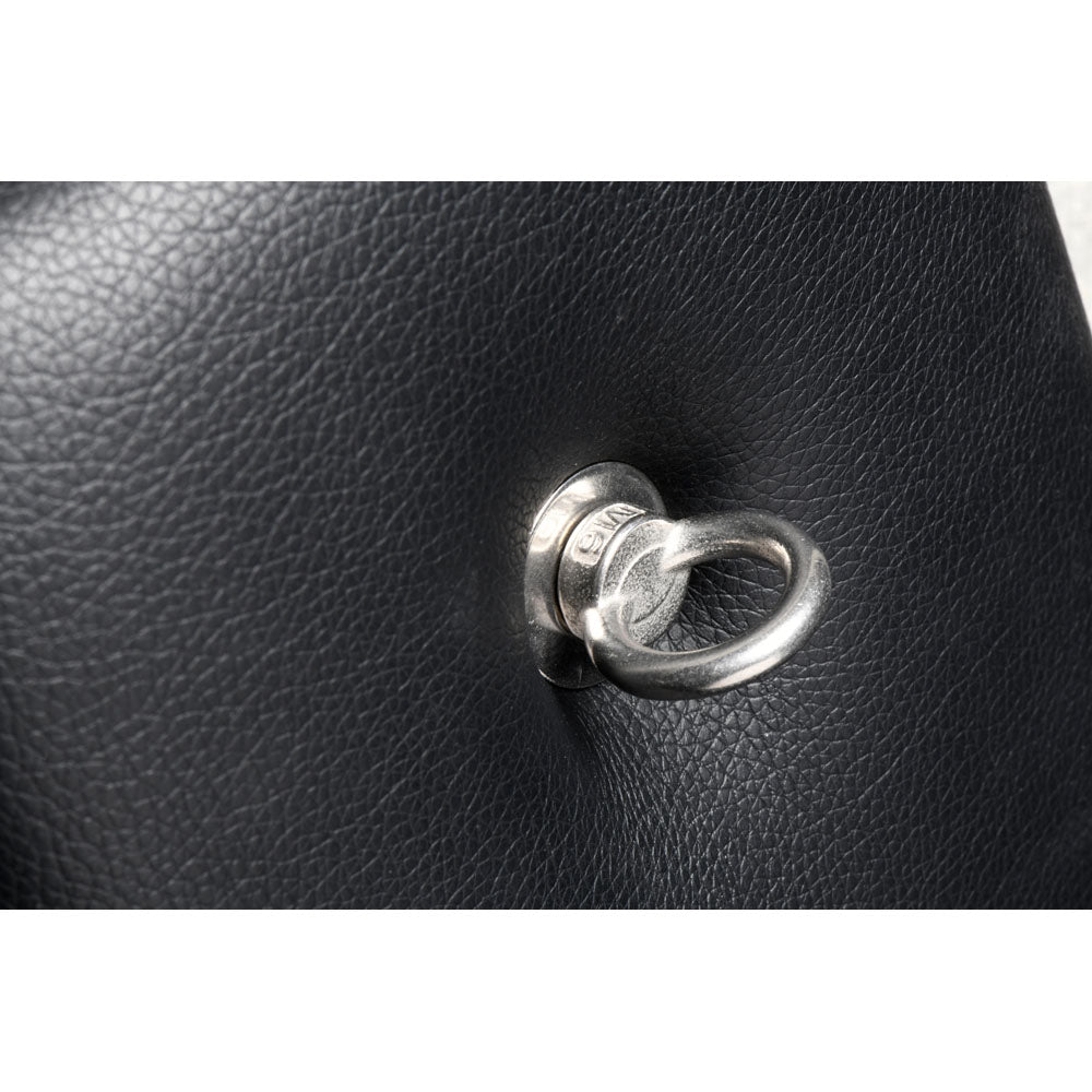 Black padded PVC leather St. Andrew's cross with a silver metal ring attachment.