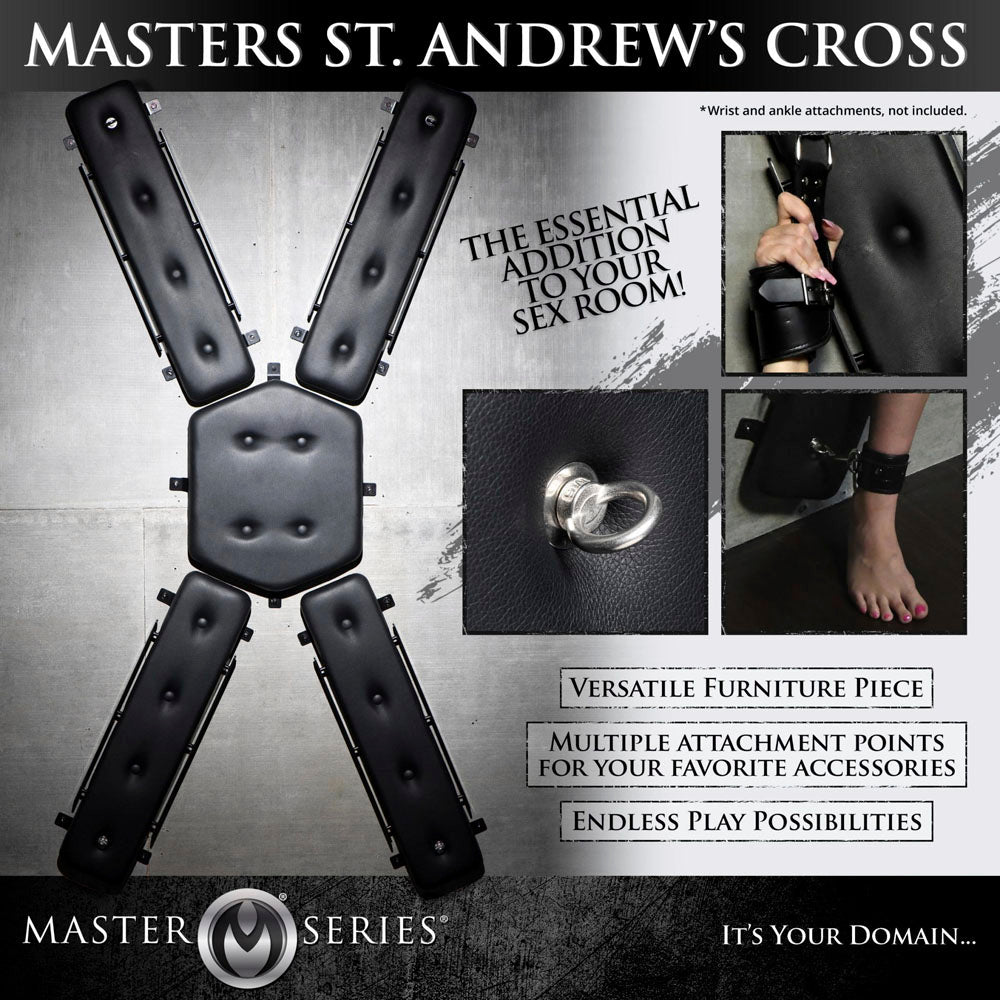 A black padded St. Andrew's cross with multiple attachment points.