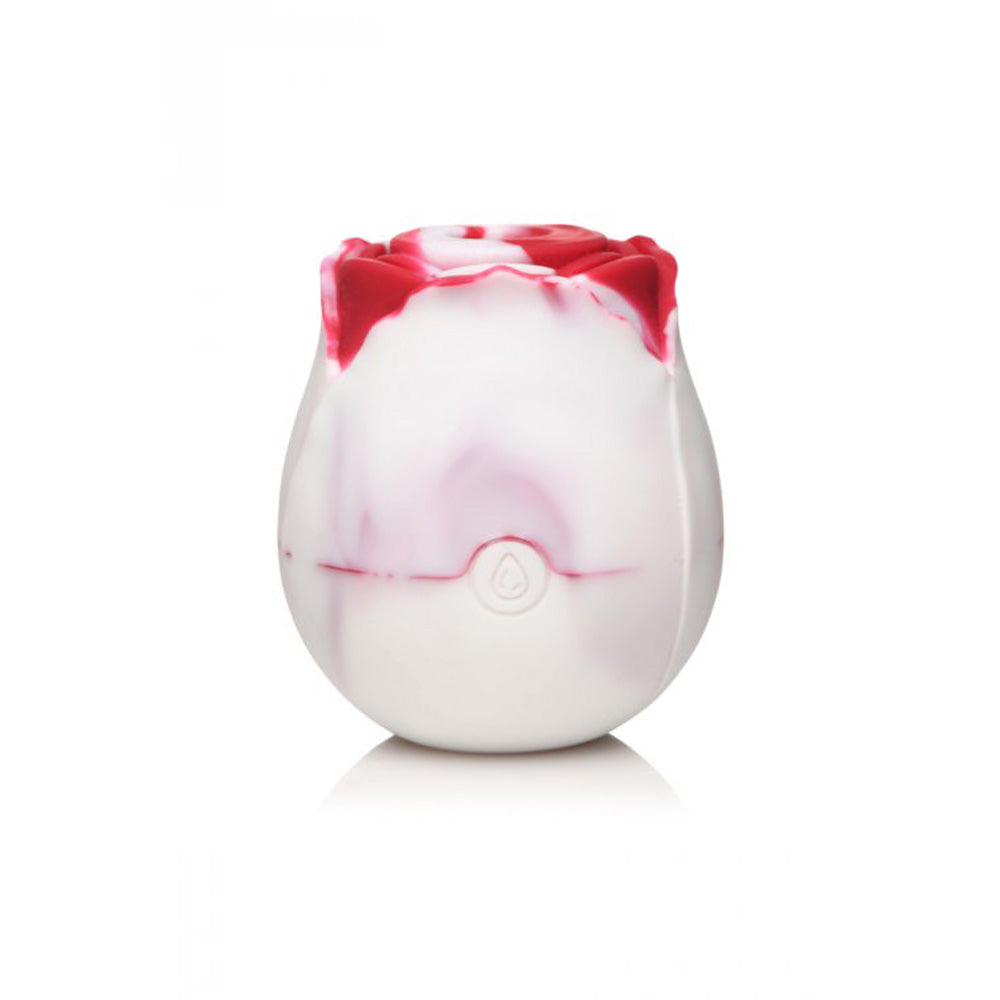 Red and white swirl silicone rose toy with faux roses.