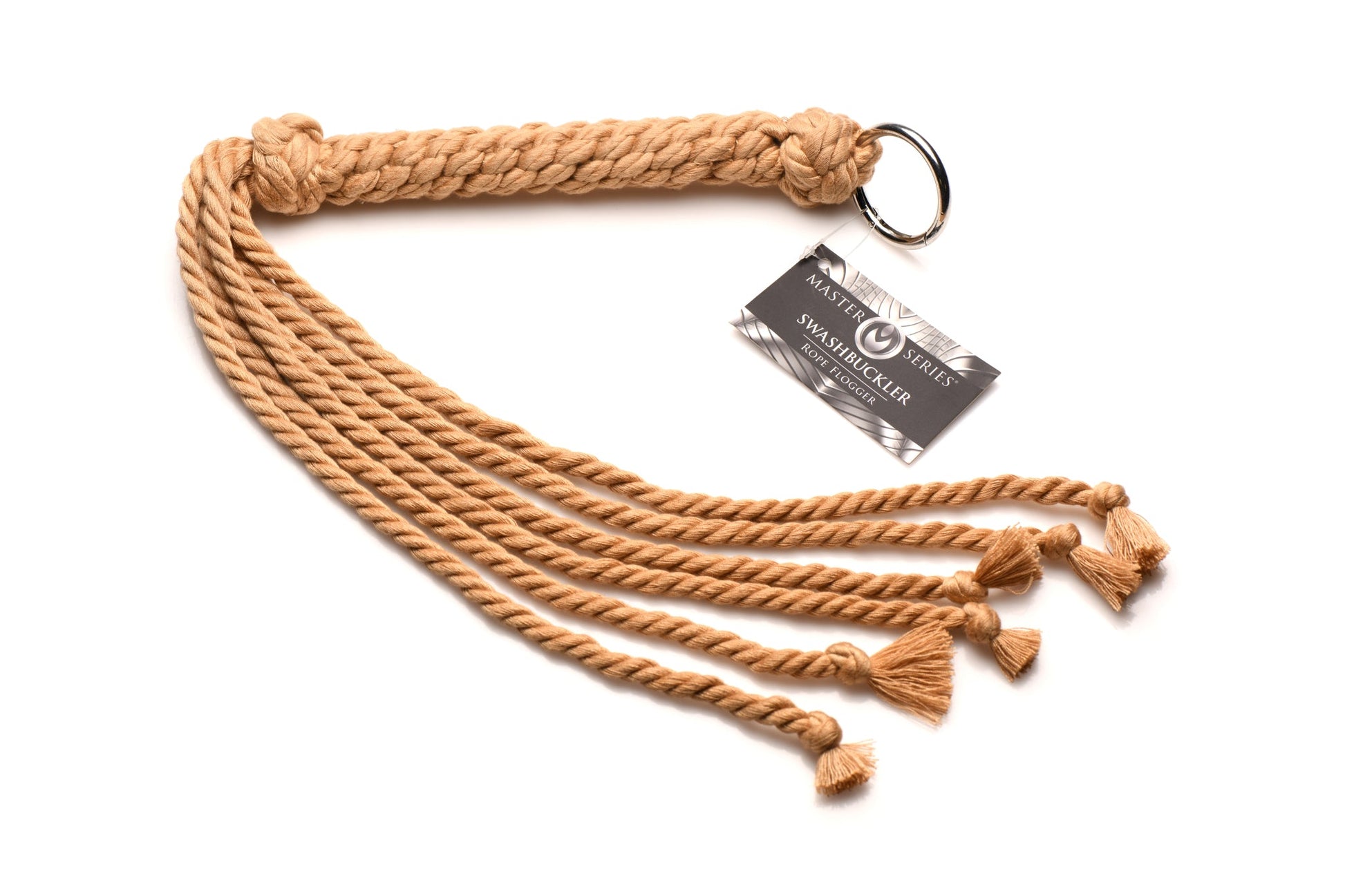 A tan rope flogger with six knotted tails and a metal ring.