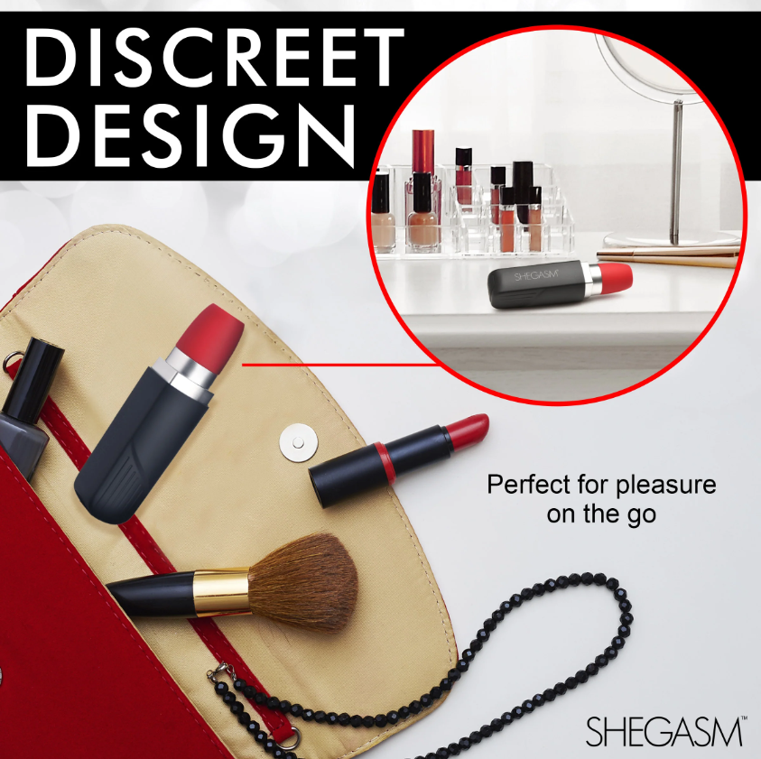 A lipstick-shaped vibrator in red and black, perfect for discreet use.