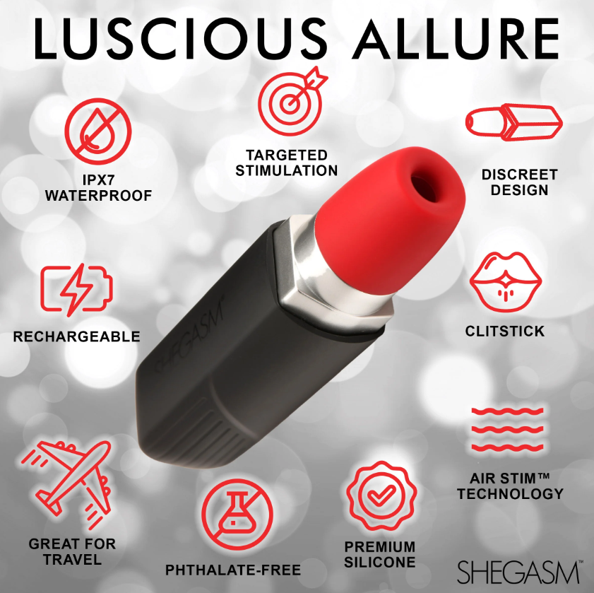 Lipstick-shaped clitoral vibrator with red tip, featuring icons for waterproof, targeted stimulation, discreet design, and rechargeable.