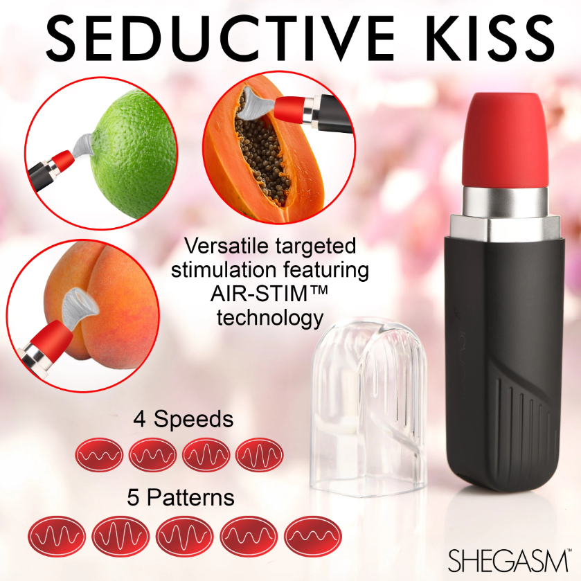 A black and red lipstick-shaped vibrator with fruit imagery and speed/pattern icons.