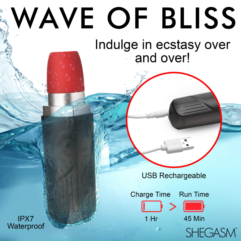 A lipstick-shaped vibrator with a red tip, shown in water and with a USB charging cable.