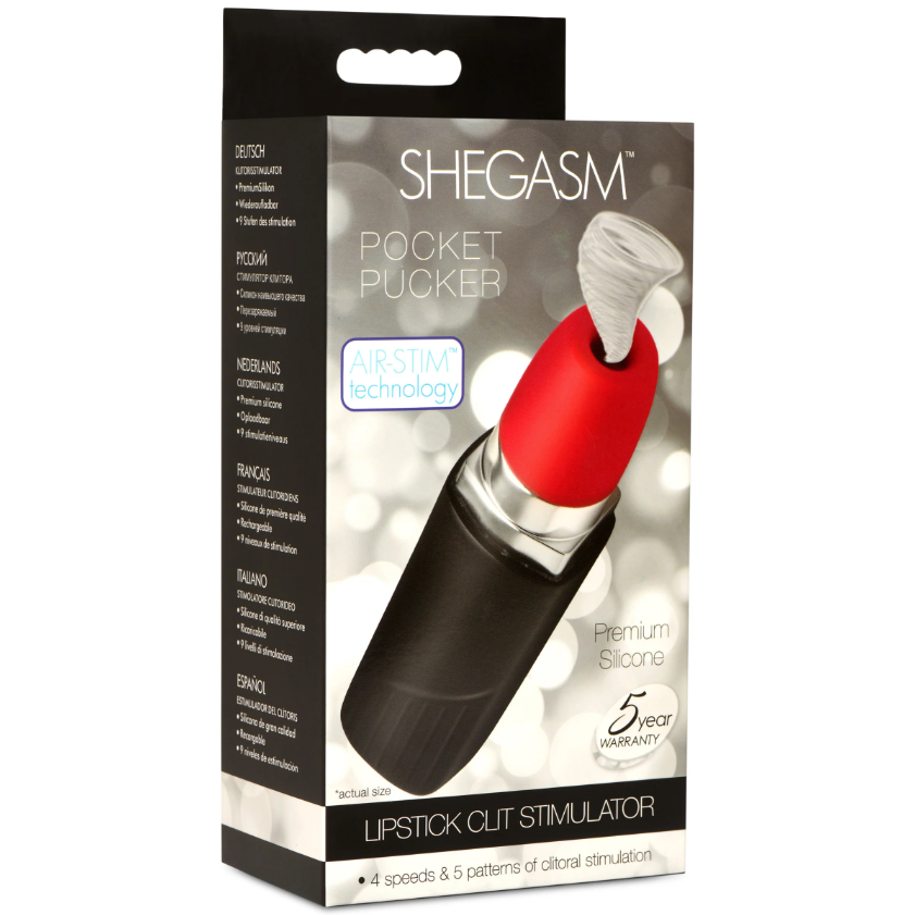 A black and red lipstick-shaped clitoral vibrator with a clear suction tip.