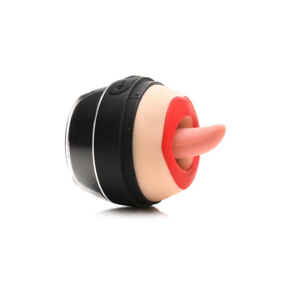 A black and flesh-toned oral stimulator with red lips and a pink tongue.