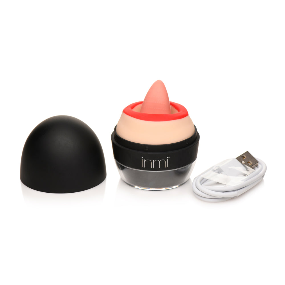 A silicone oral stimulator with a tongue-like insert, a black cap, and a USB cable.