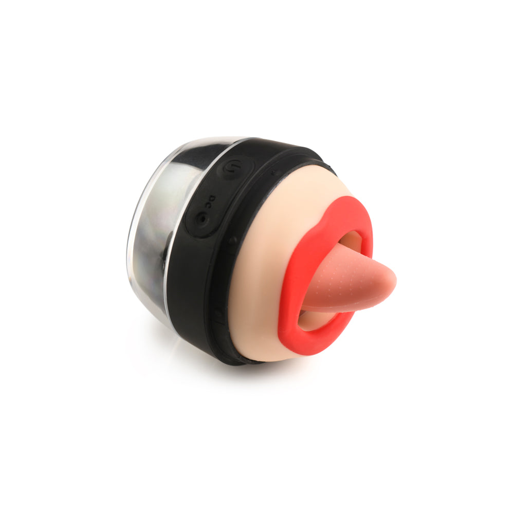 A silicone oral stimulator with red lips and a pink tongue.