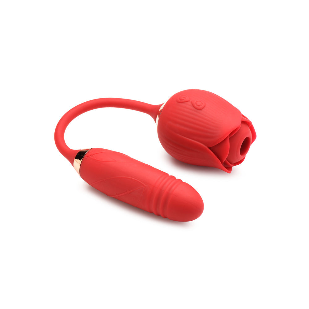 Red rose-shaped vibrator with a curved stem and textured handle.