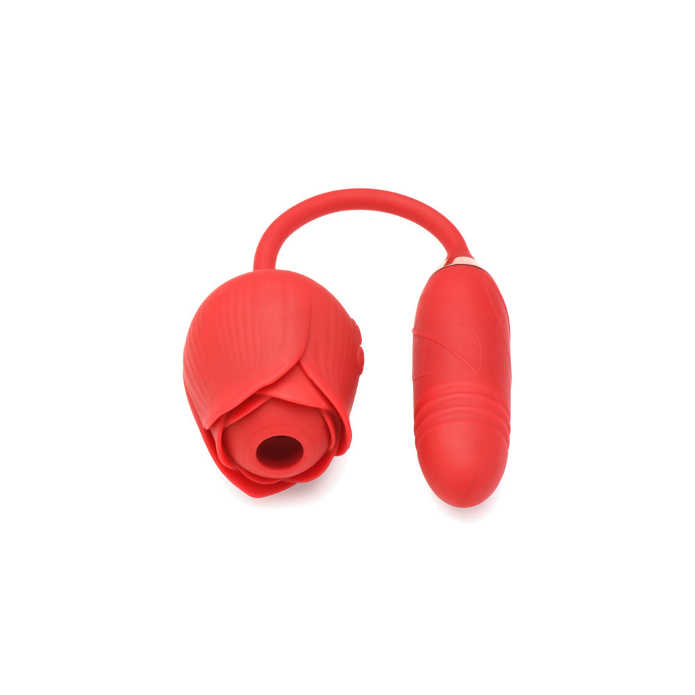 Red rose-shaped vibrator with a curved stem and textured bullet.