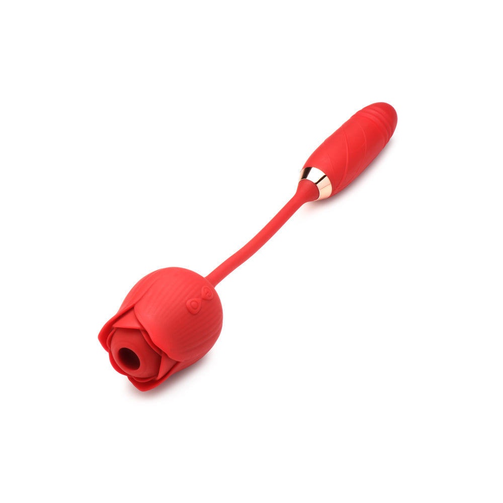 Red rose-shaped vibrator with a flexible stem and textured handle.
