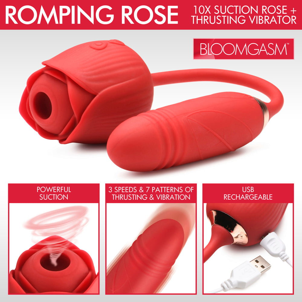 Red rose-shaped vibrator with suction and thrusting features.