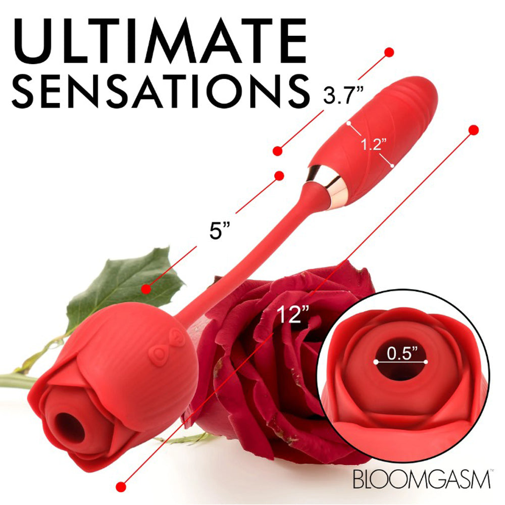 Red rose-shaped vibrator with suction and thrusting features, measuring 12 inches long.