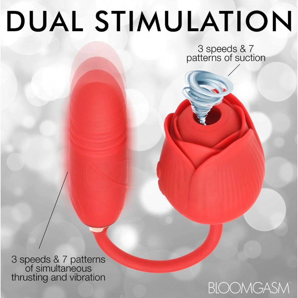 Red rose-shaped vibrator with a suction feature and a separate vibrating wand.