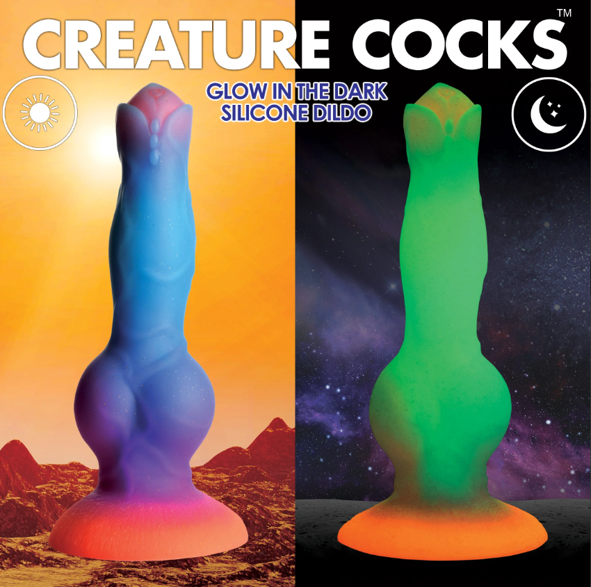 Glow-in-the-dark silicone alien fantasy dildo with suction cup base in blue and green.
