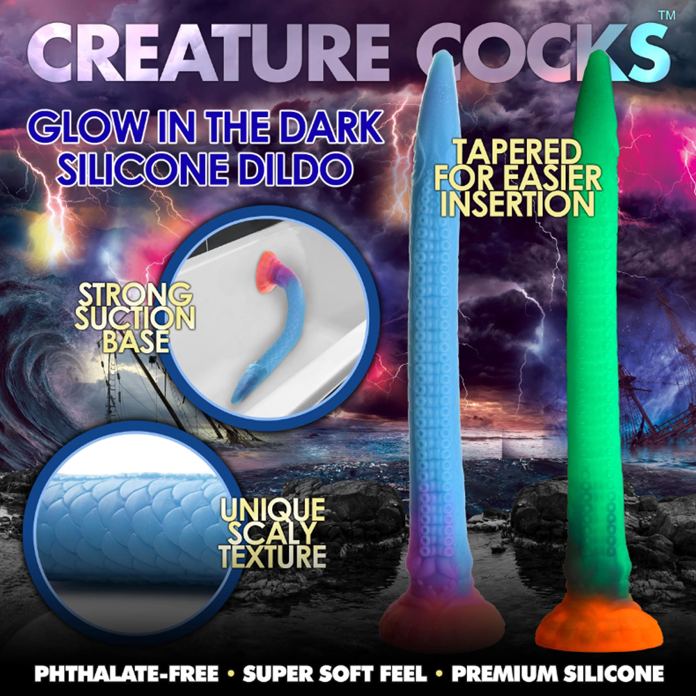 Glow-in-the-dark silicone dildo with suction cup and scaly texture.