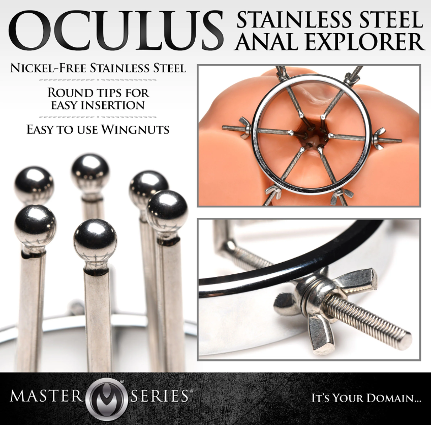 Stainless steel anal explorer with six adjustable prongs and wingnuts.