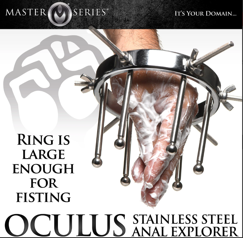 Stainless steel anal explorer with adjustable prongs and a large ring.
