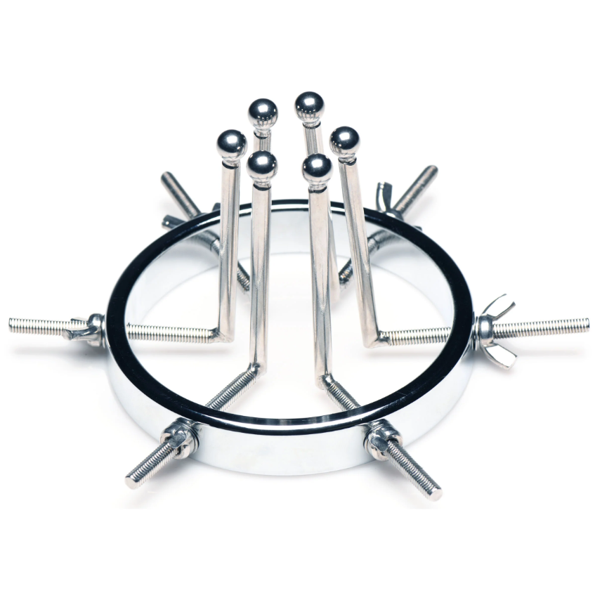 Stainless steel anal dilator with six adjustable prongs and a ring.