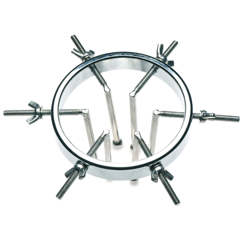 Stainless steel anal dilator with six adjustable prongs and a ring.