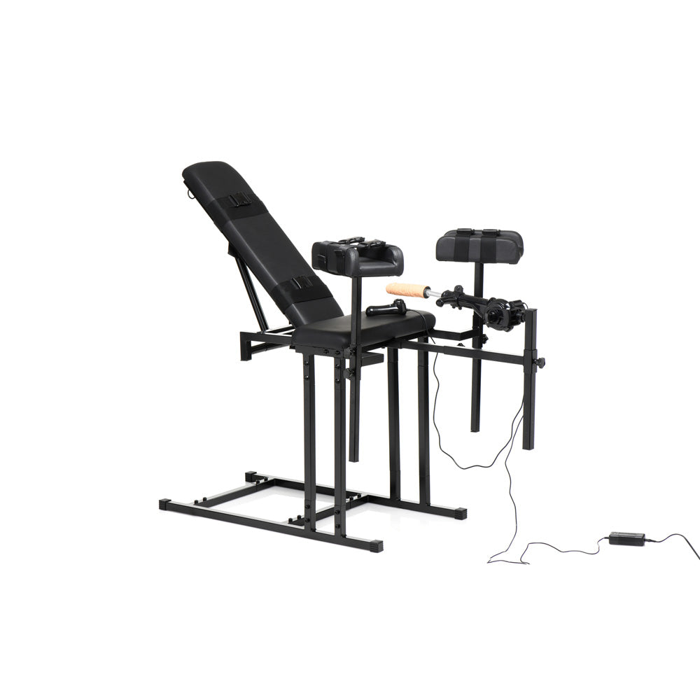 Adjustable black bondage chair with a sex machine attachment.