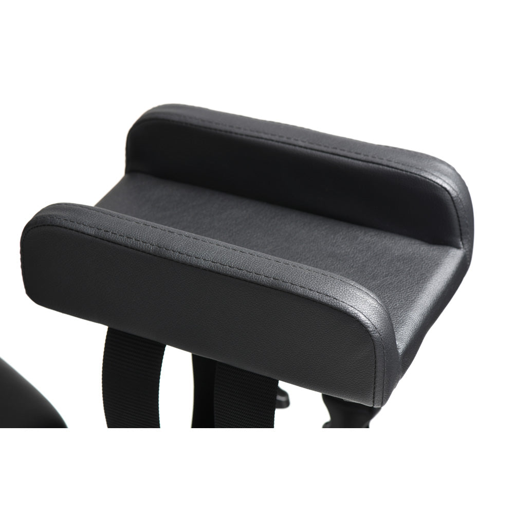 Black padded armrest with straps on a chair.