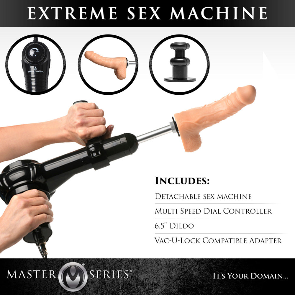 Sex machine with speed dial, dildo, and adapter.