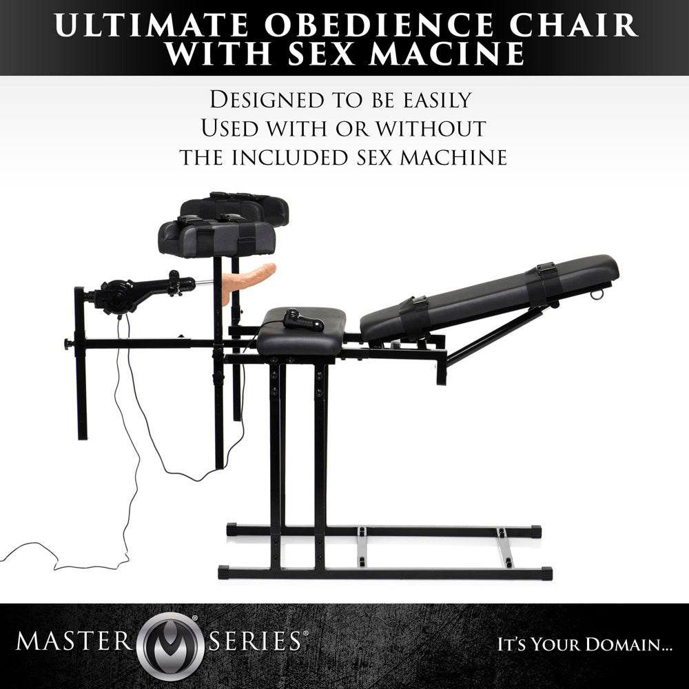 Adjustable bondage chair with sex machine attachment.