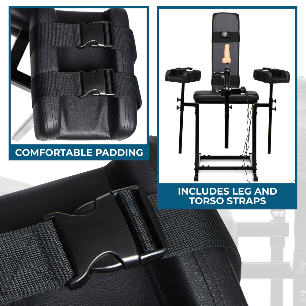 Adjustable bondage chair with sex machine, featuring comfortable padding and leg and torso straps.