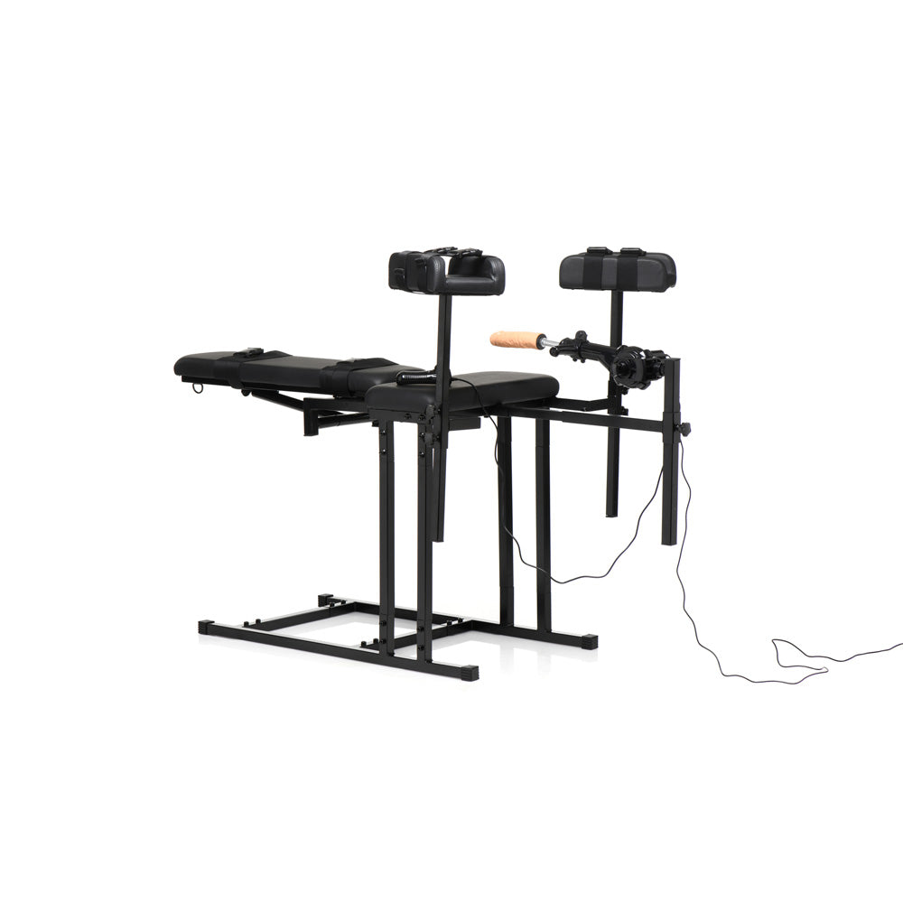 Adjustable black bondage chair with a sex machine attachment.