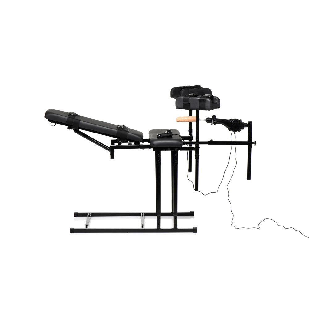 Adjustable bondage chair with a sex machine attachment.
