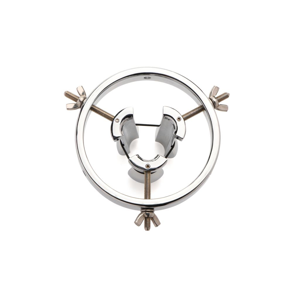 Stainless steel expanding anal plug with three adjustable screws.