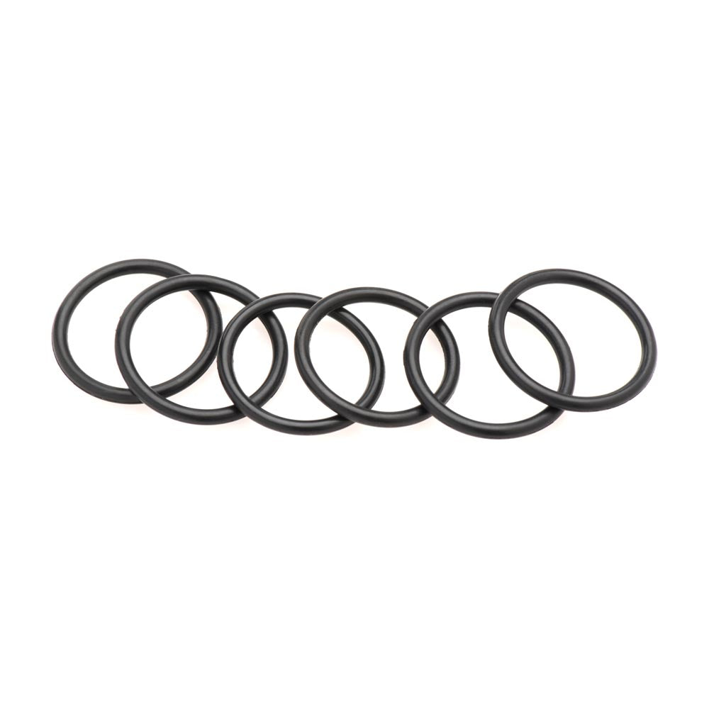 Six black rubber O-rings arranged in a line.